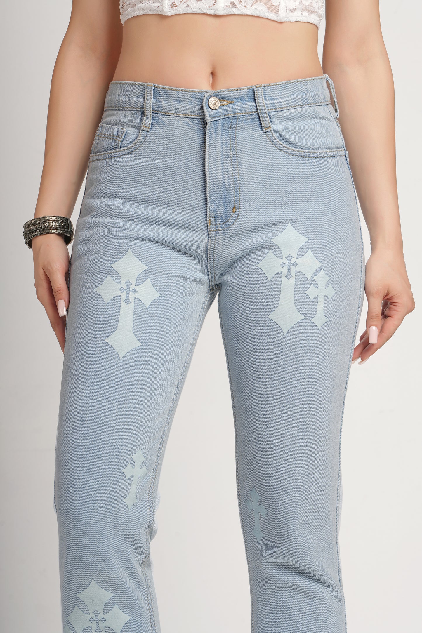 MeQueen Women's Sky Blue Fit Printed Denim Jeans