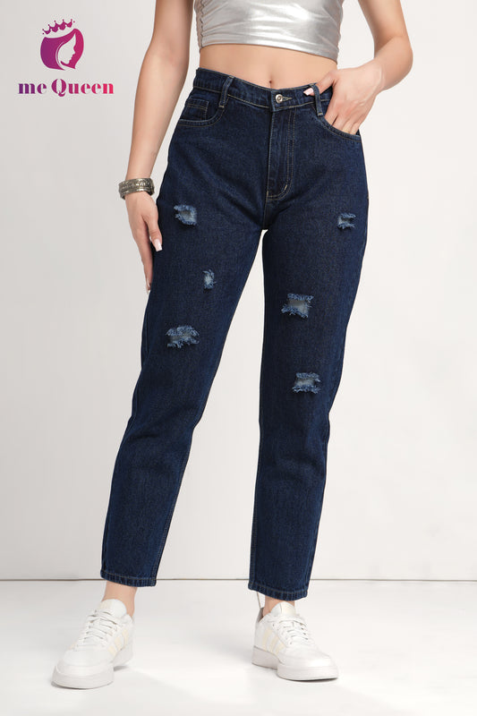 MeQueen Women's Dark Gunmetal Blue Fit Ripped Distrssed Denim Jeans