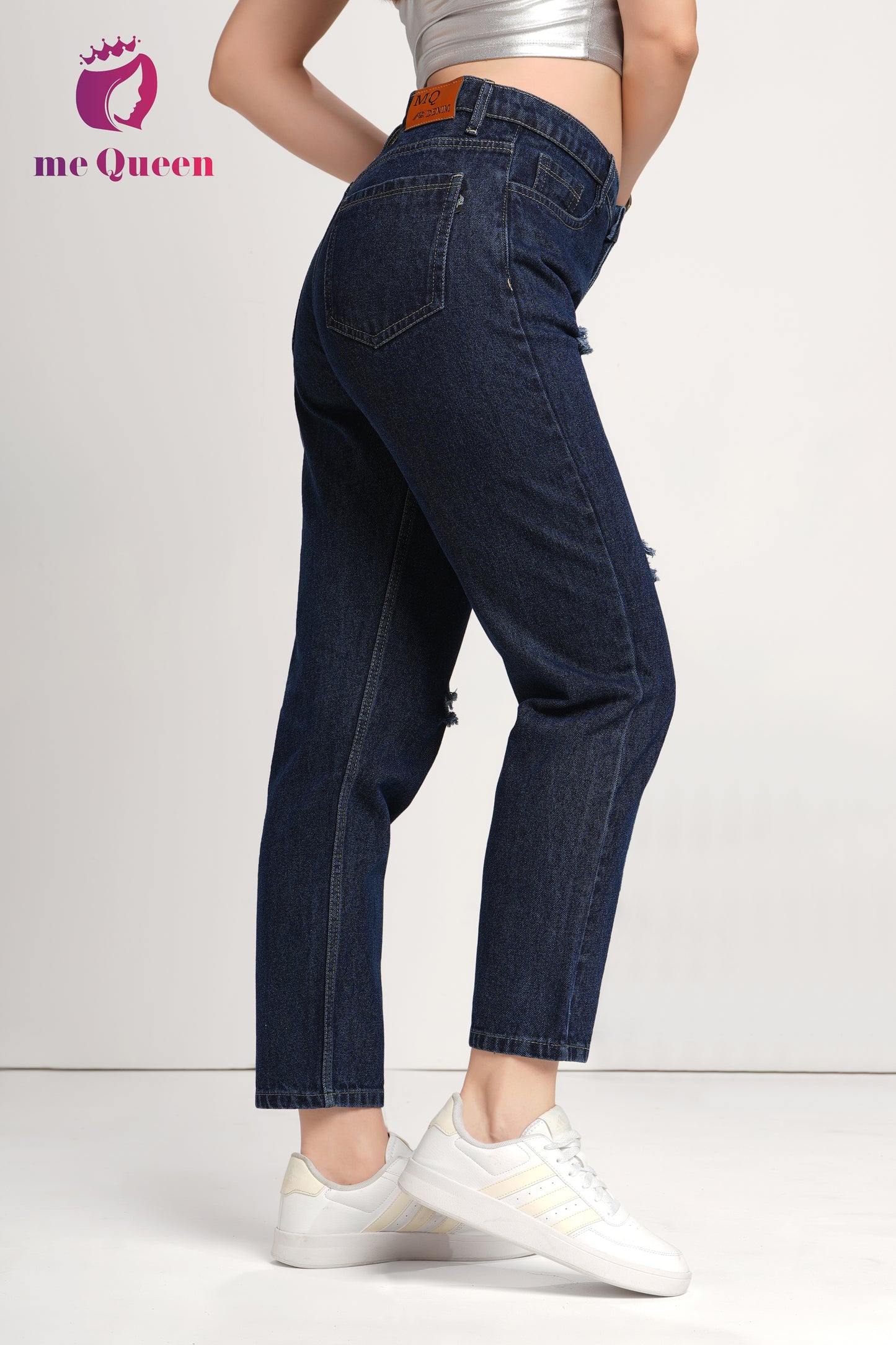 MeQueen Women's Dark Gunmetal Blue Fit Ripped Distrssed Denim Jeans