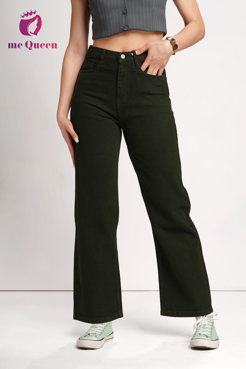 MeQueen Women's Dark Olive Loose Fit Denim Jeans