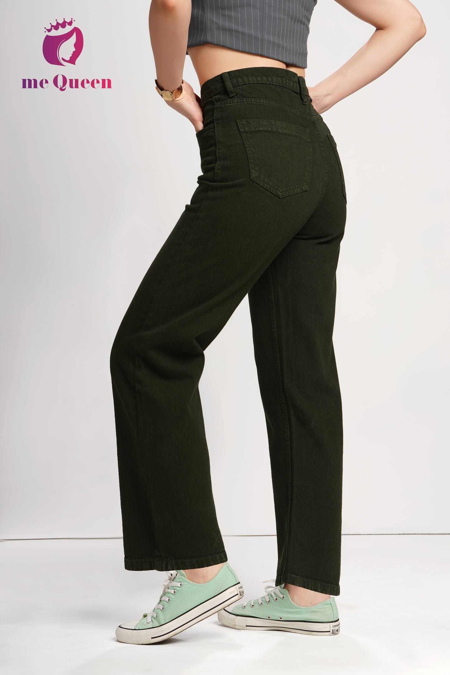 MeQueen Women's Dark Olive Loose Fit Denim Jeans