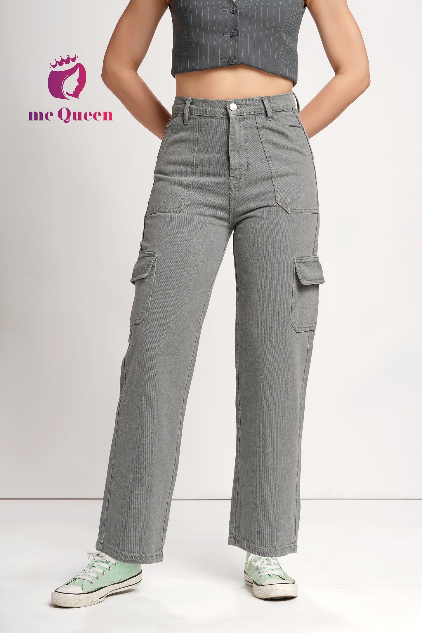 MeQueen Women Grayish Olive Loose Fit Cargo Jeans with Flap Pockets