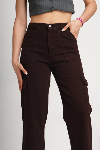 MeQueen Women Deep Burgundy Loose Fit Cargo Jeans with Flap Pockets
