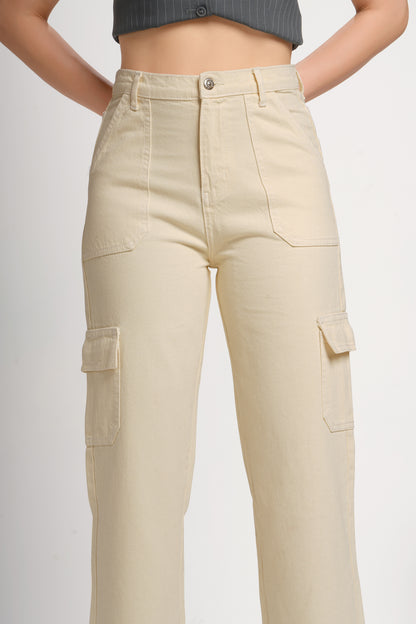 MeQueen Women Beige Loose Fit Cargo Jeans with Flap Pockets