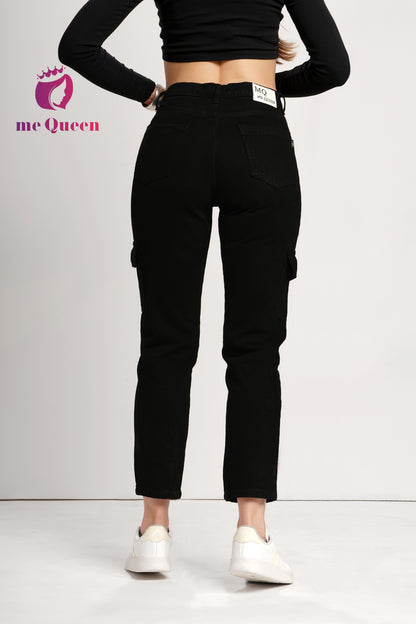 MeQueen Women's Midnight Navy Fit Cargo Jeans with 2 Flap Pockets