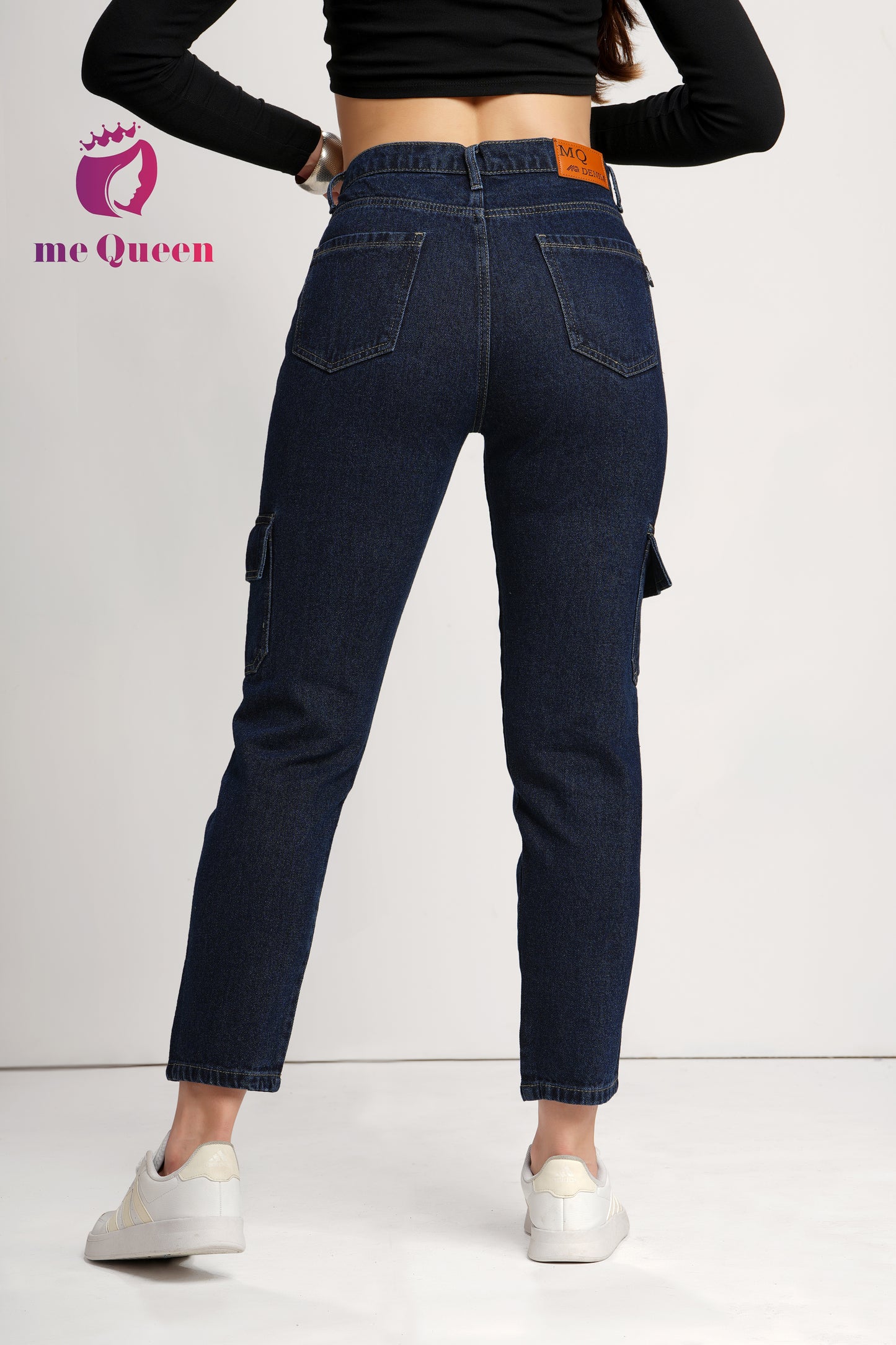 MeQueen Women's Midnight Blue Fit Cargo Jeans with 2 Flap Pockets