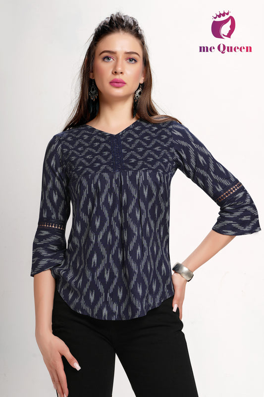 MeQueen Women's Navy Blue Printed Top with Lace Work