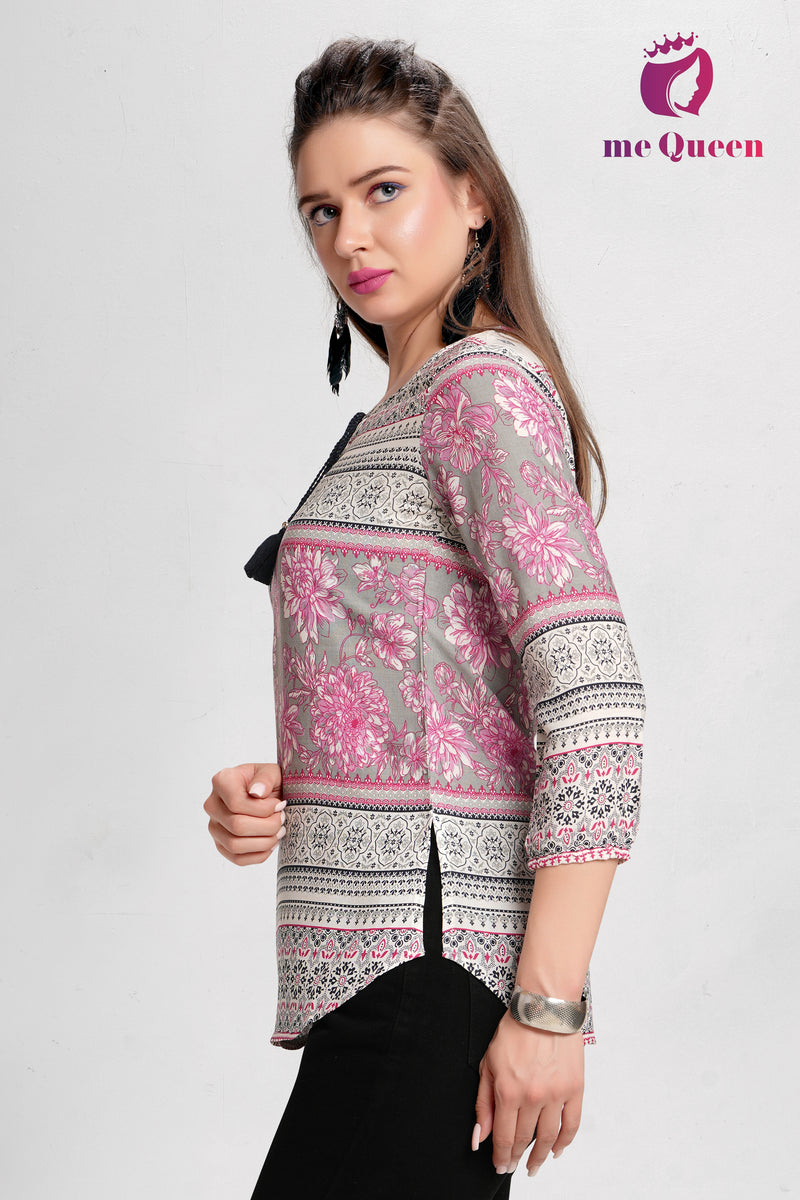 MeQueen Women's Pink & Grey Floral Print Top