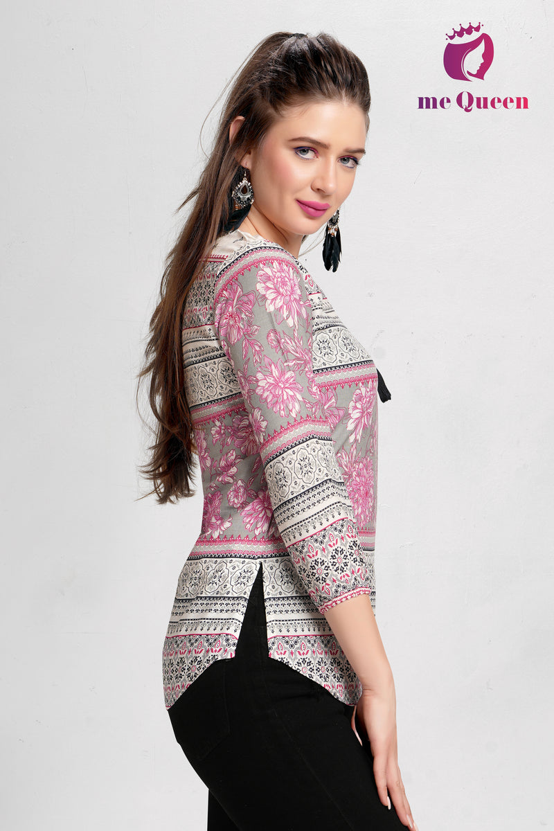 MeQueen Women's Pink & Grey Floral Print Top