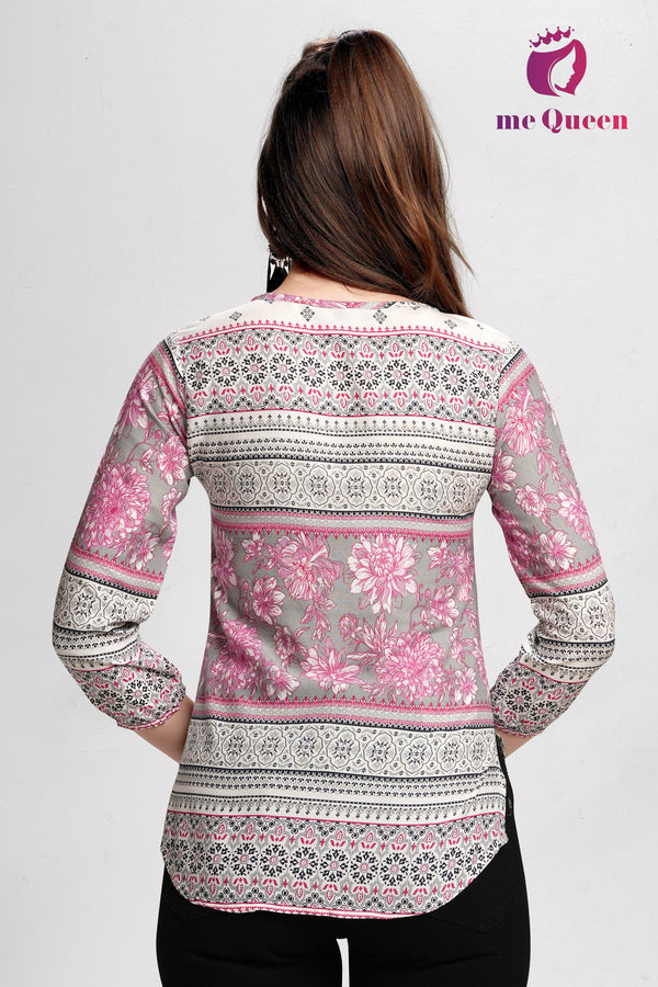MeQueen Women's Pink & Grey Floral Print Top