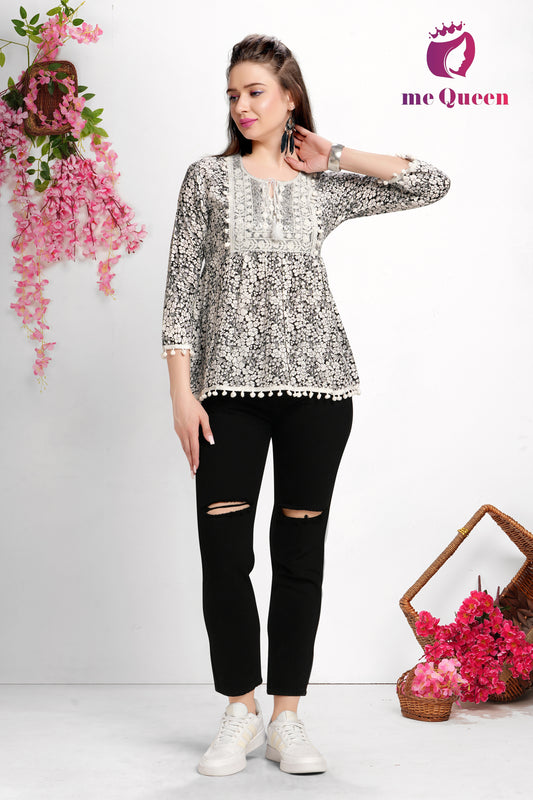 MeQueen Women's Short Cotton Black Top with Elegant Lace Pattern