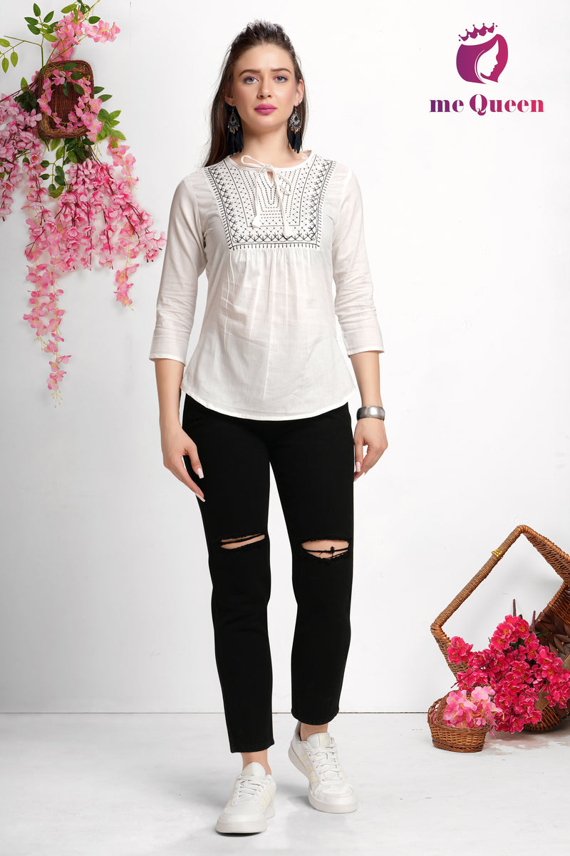MeQueen Women's White Top with Exquisite Thread Work