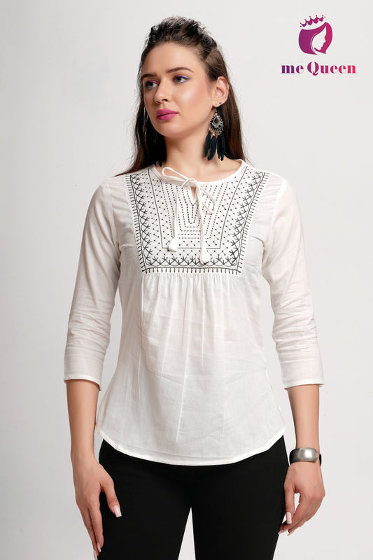 MeQueen Women's White Top with Exquisite Thread Work