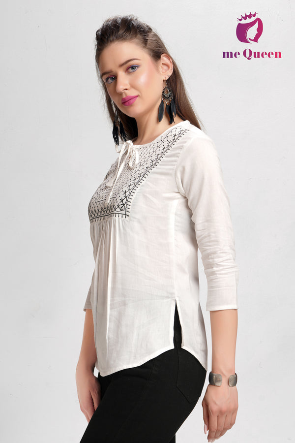 MeQueen Women's White Top with Exquisite Thread Work