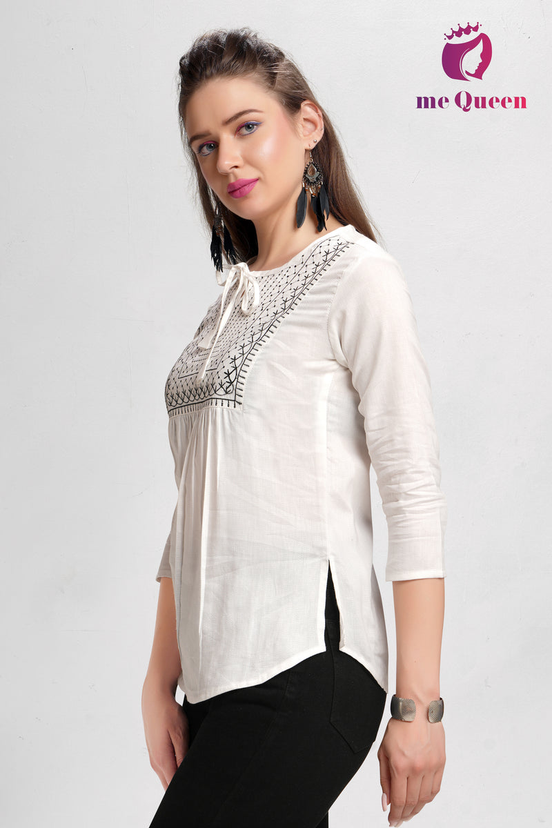 MeQueen Women's White Top with Exquisite Thread Work