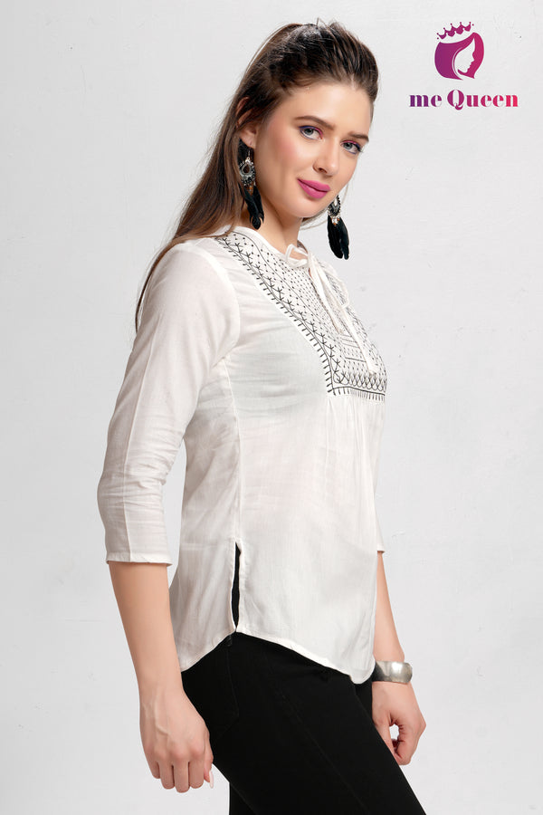 MeQueen Women's White Top with Exquisite Thread Work