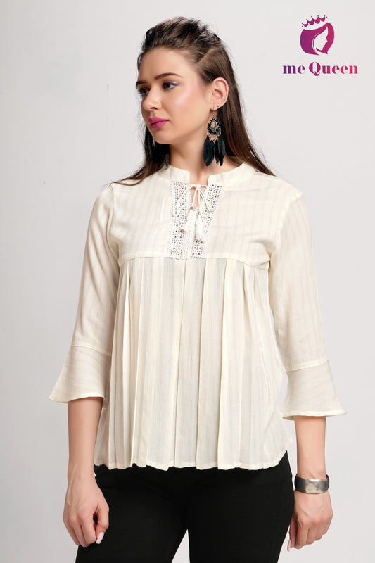 MeQueen Women's Cream Top with Pleated Pattern