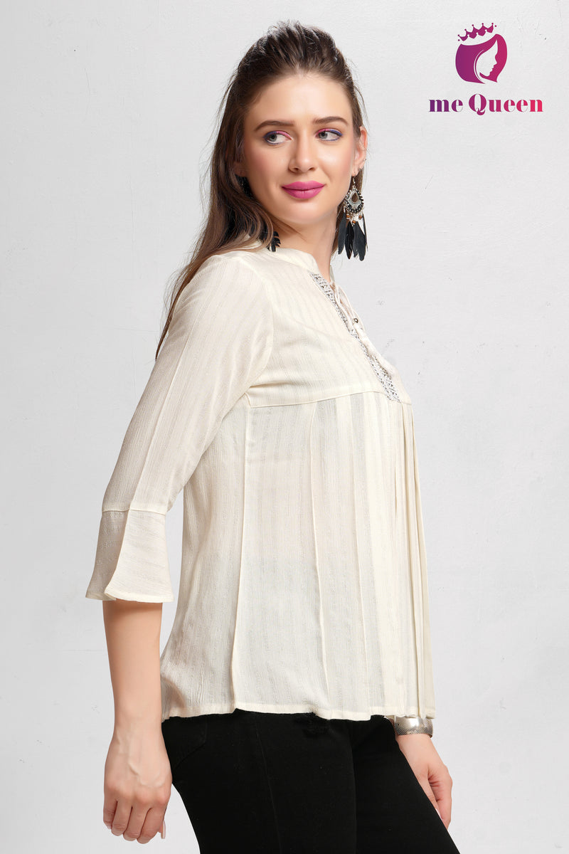 MeQueen Women's Cream Top with Pleated Pattern