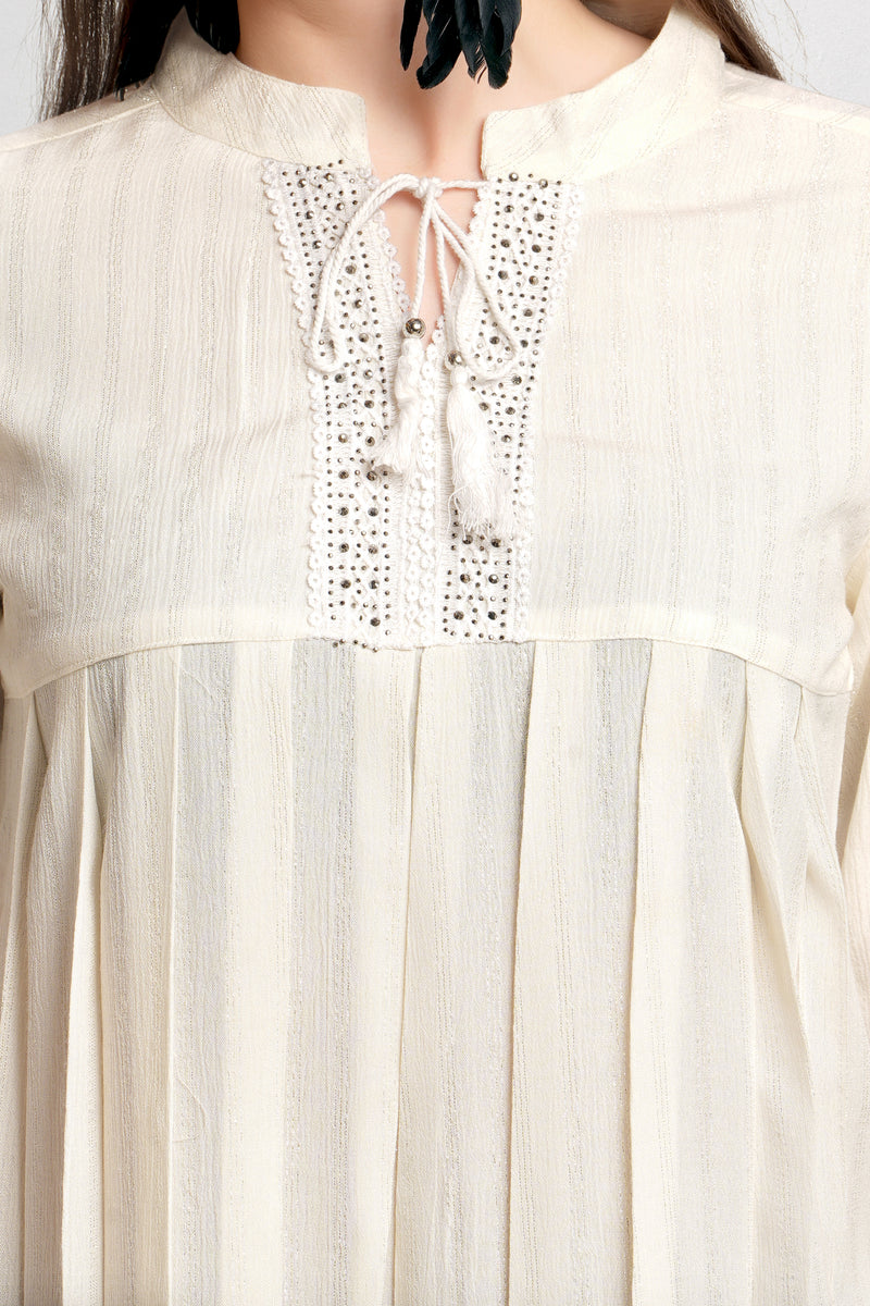 MeQueen Women's Cream Top with Pleated Pattern