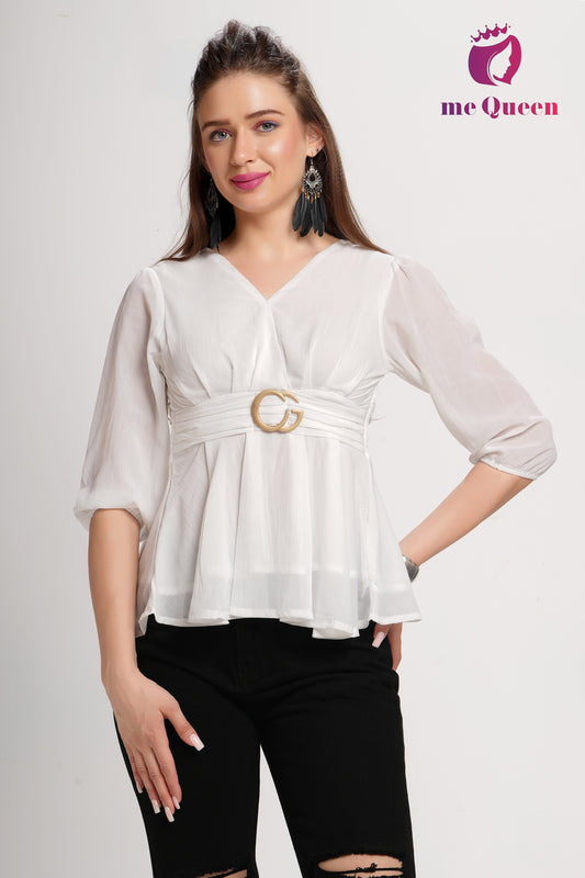 MeQueen's White Belt Style Peplum Top with buckle