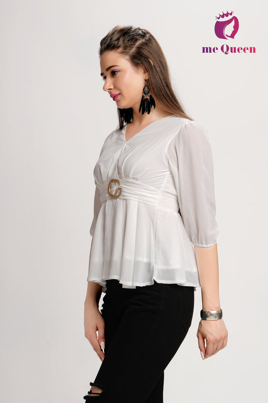 MeQueen's White Belt Style Peplum Top with buckle