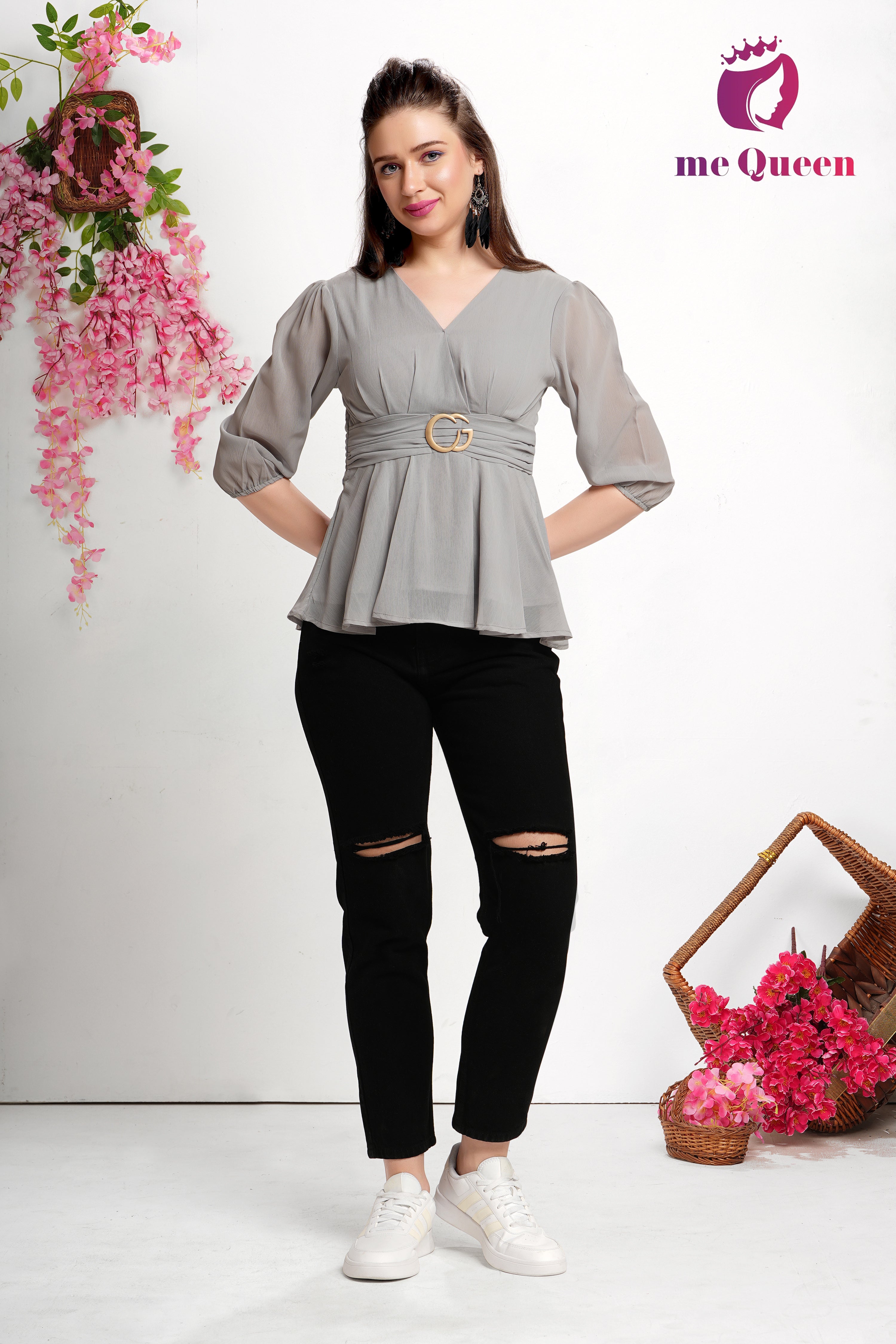 Andequal big collar peplum sweat / Gray Black Peplum Shirt With