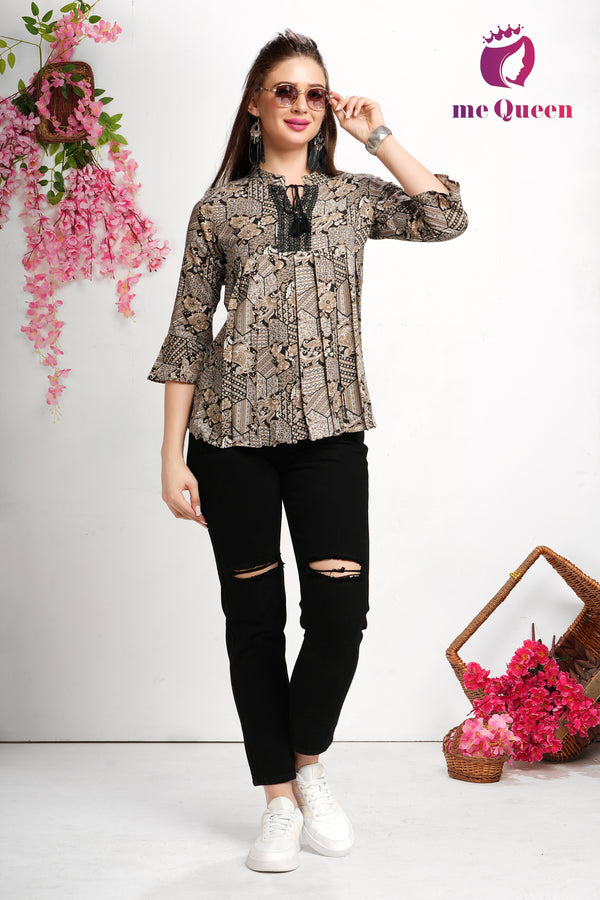 MeQueen Women's Brown Top with Black Thread Work