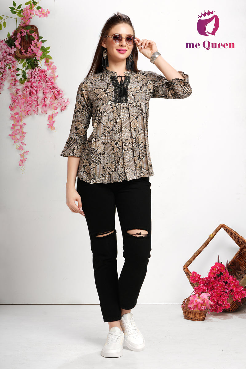 MeQueen Women's Brown Top with Black Thread Work