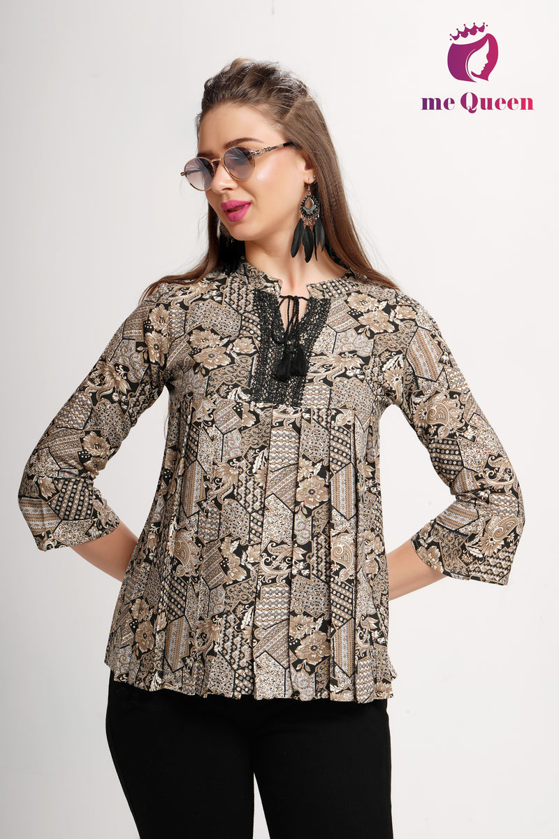 MeQueen Women's Brown Top with Black Thread Work
