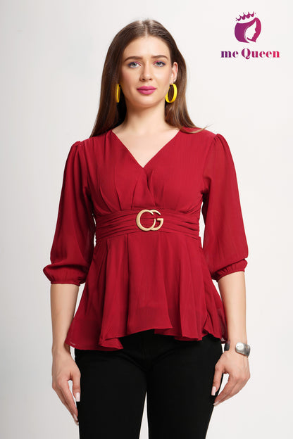 MeQueen's  Red Belt Style Peplum Top with buckle