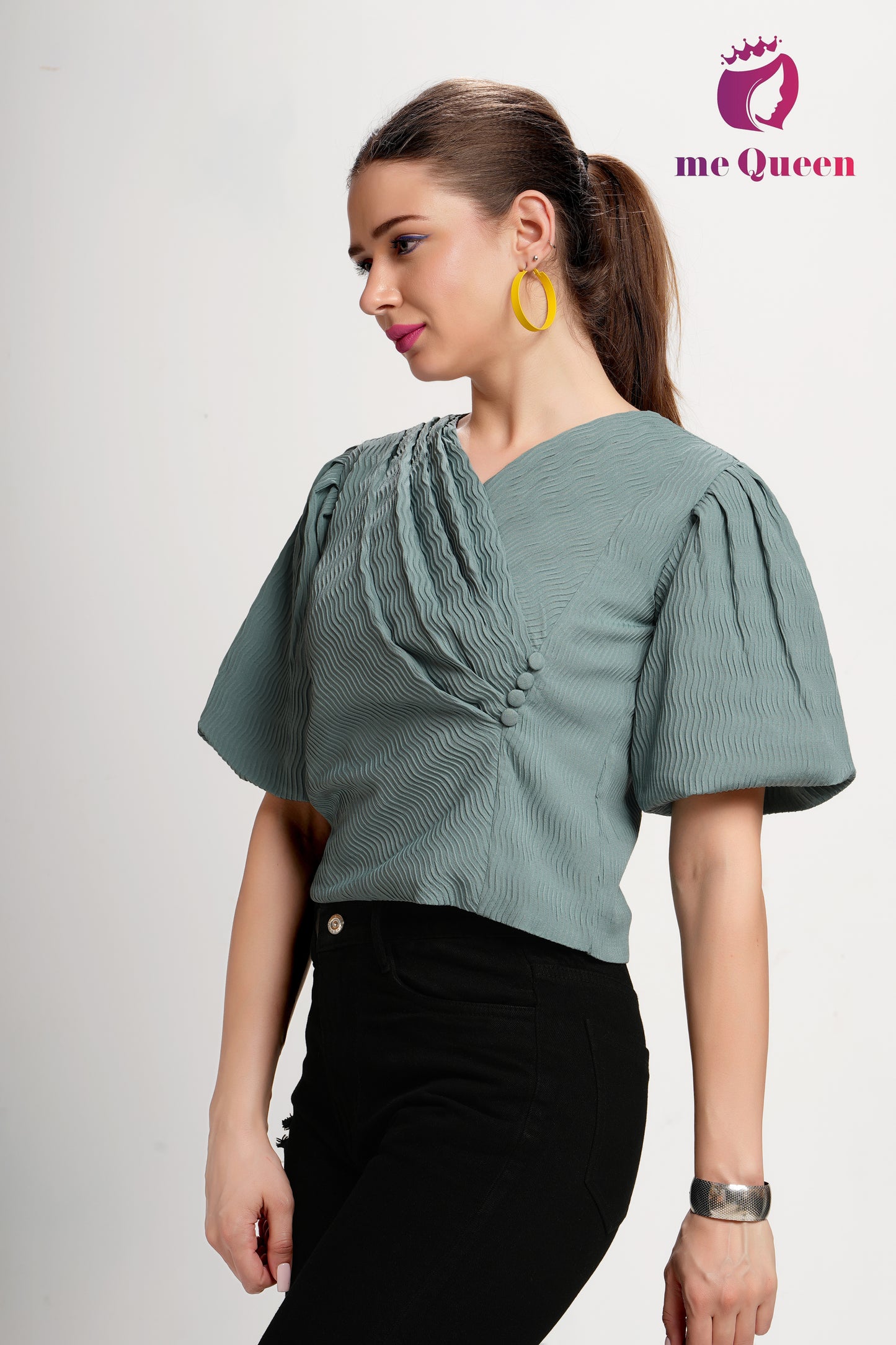 MeQueen's Women's Stylish Pattern Green Top with Puff Sleeves