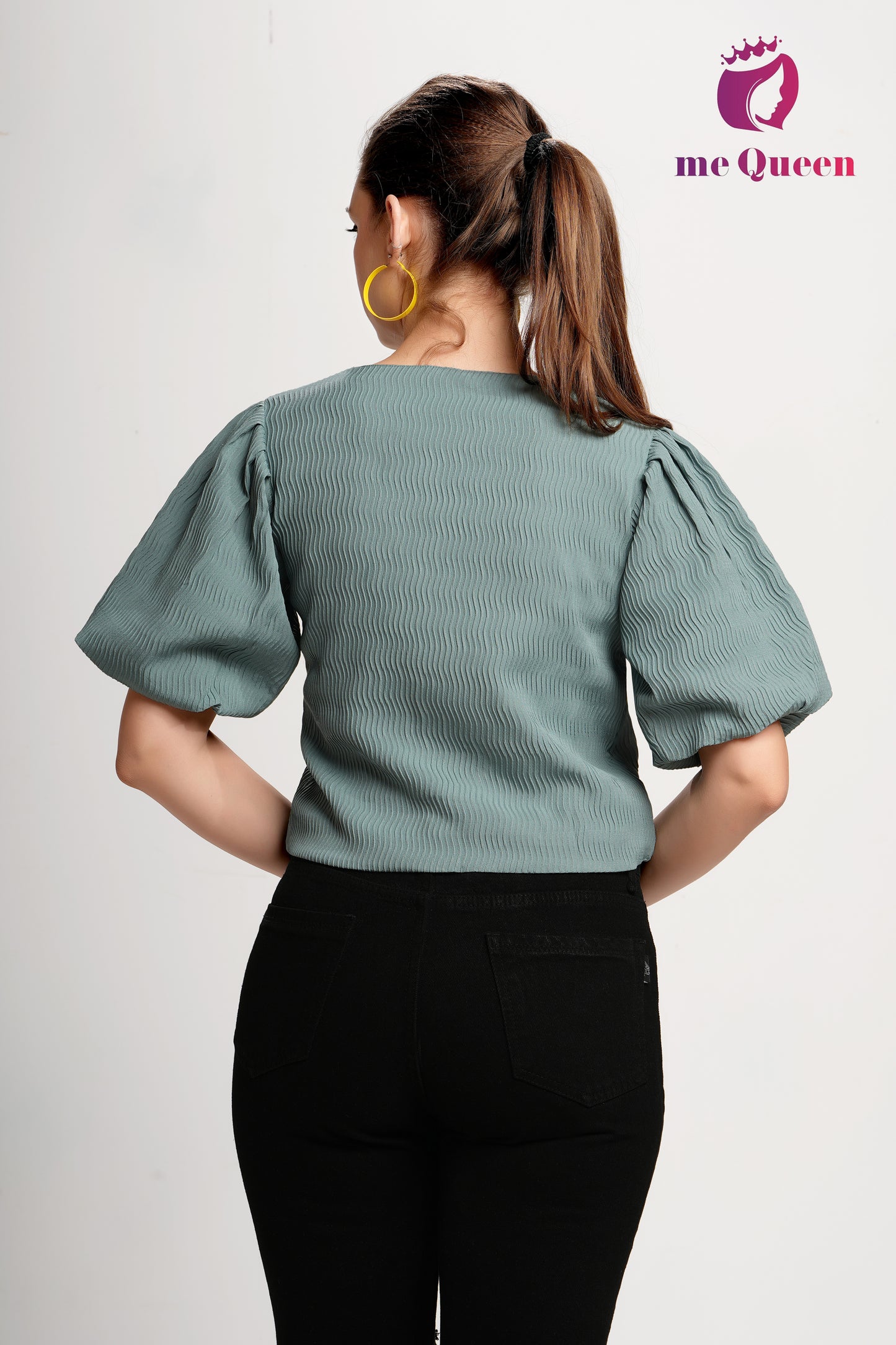 MeQueen's Women's Stylish Pattern Green Top with Puff Sleeves