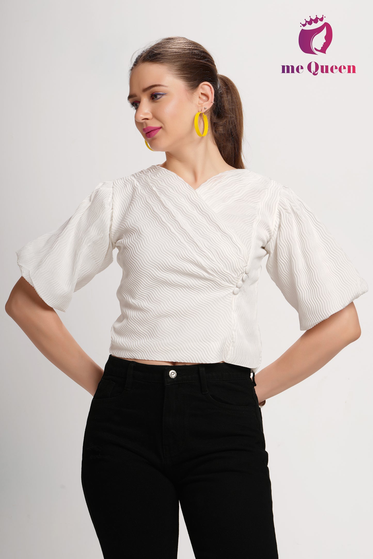 MeQueen's Women's Stylish Pattern White Top with Puff Sleeves