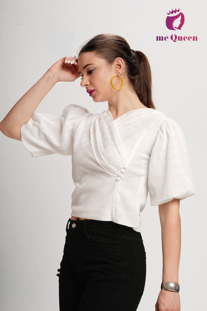 MeQueen's Women's Stylish Pattern White Top with Puff Sleeves