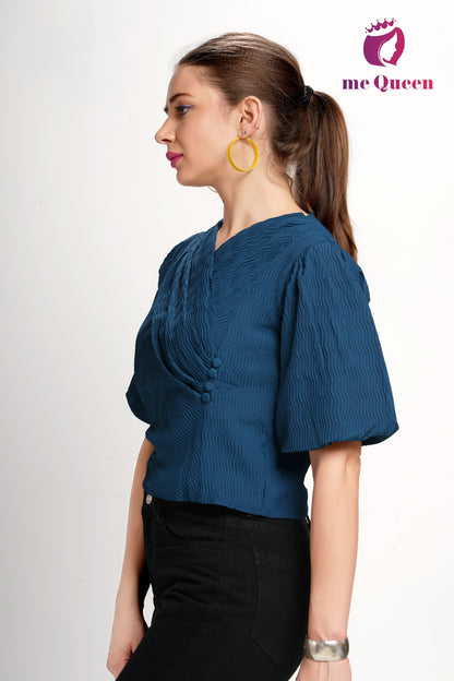 MeQueen's Women's Stylish Pattern Dark Blue Top with Puff Sleeves