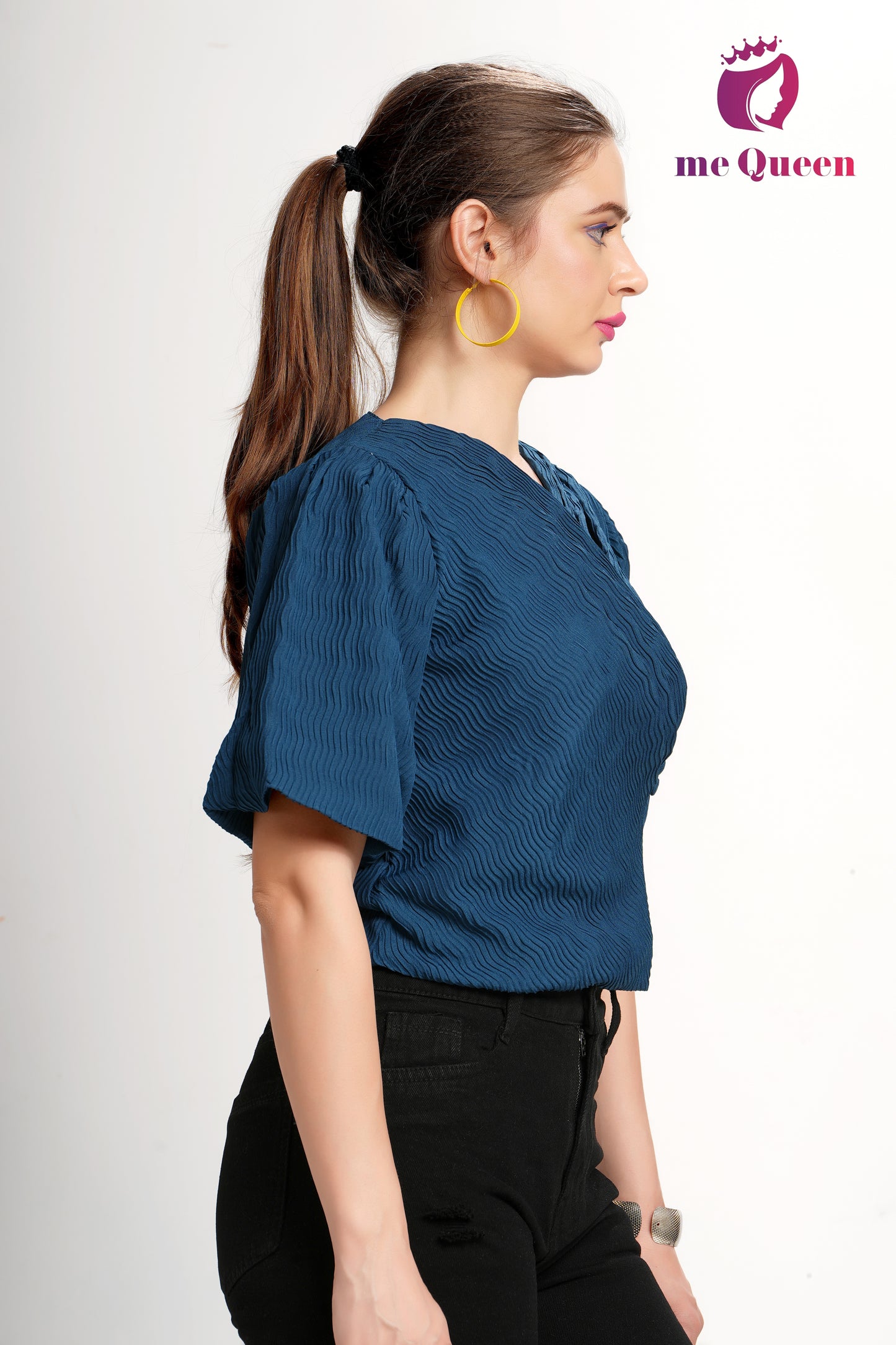 MeQueen's Women's Stylish Pattern Dark Blue Top with Puff Sleeves