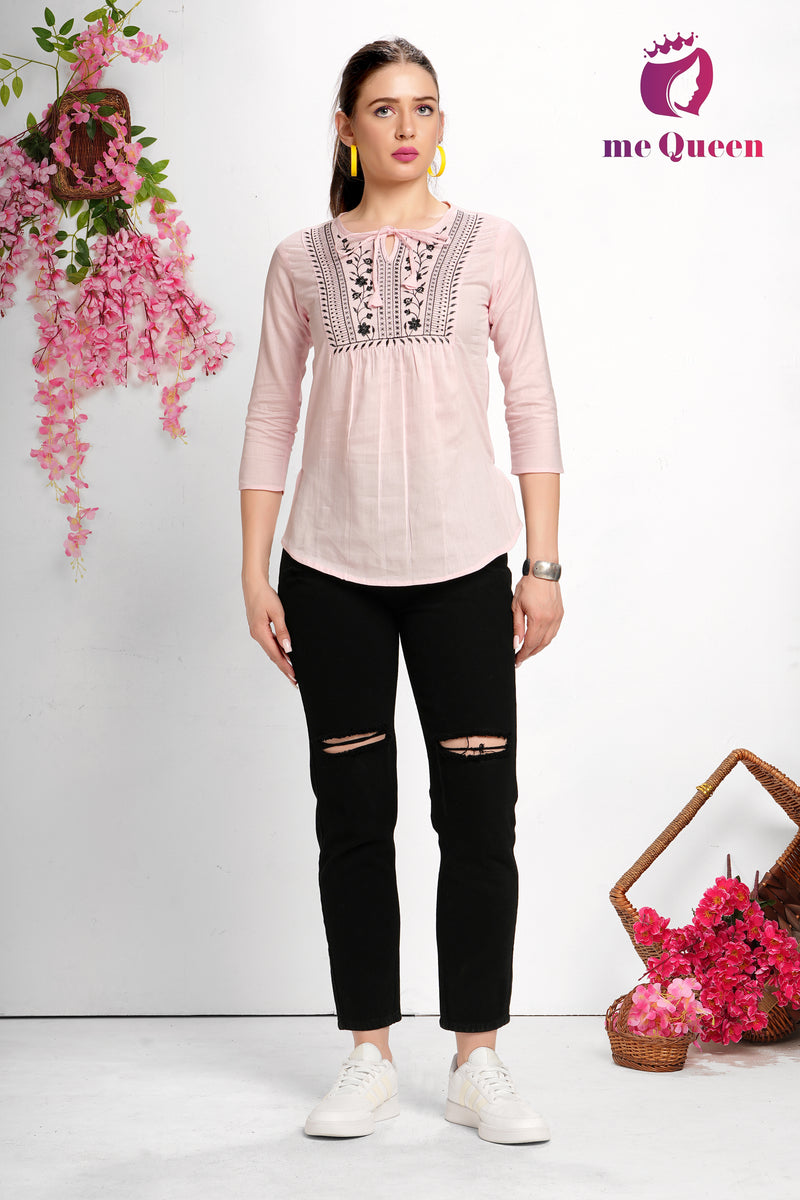 MeQueen Women's Pink Top with Black Thread Work
