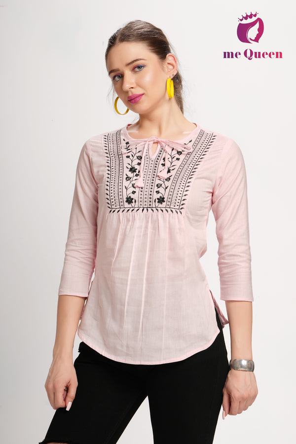 MeQueen Women's Pink Top with Black Thread Work
