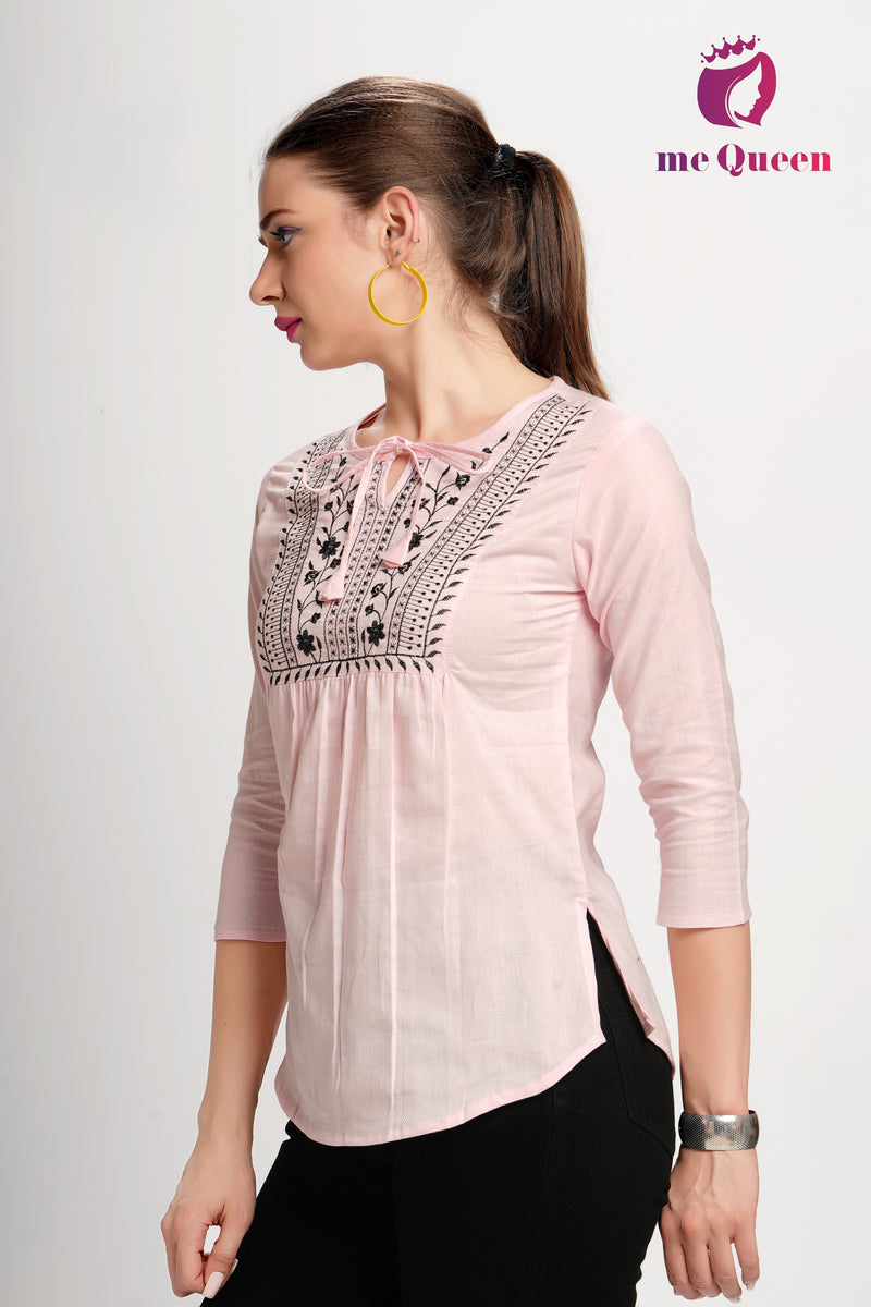 MeQueen Women's Pink Top with Black Thread Work