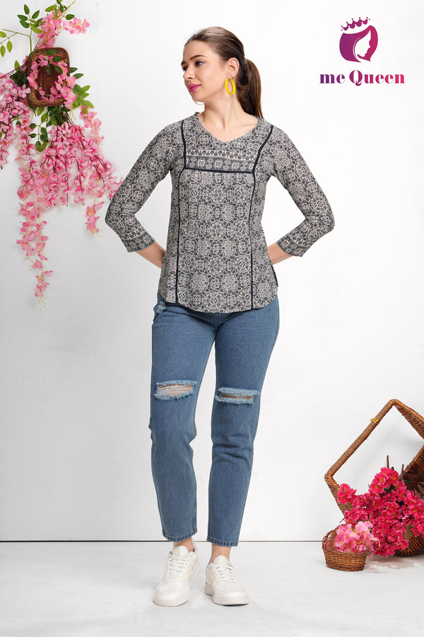 MeQueen Women's Black & White Printed Top with Lace Pattern