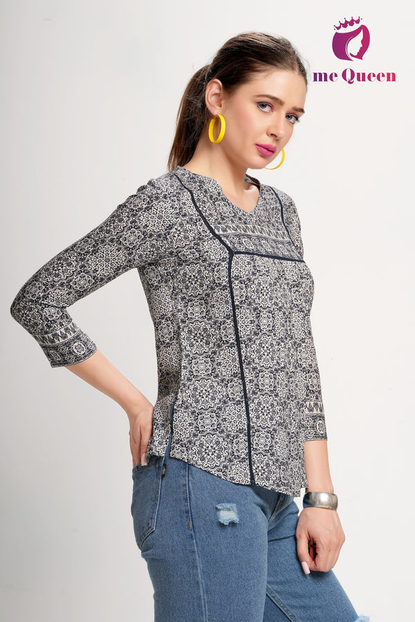 MeQueen Women's Black & White Printed Top with Lace Pattern