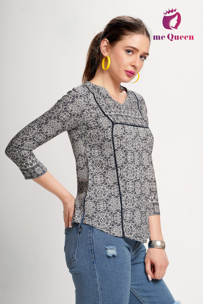 MeQueen Women's Black & White Printed Top with Lace Pattern