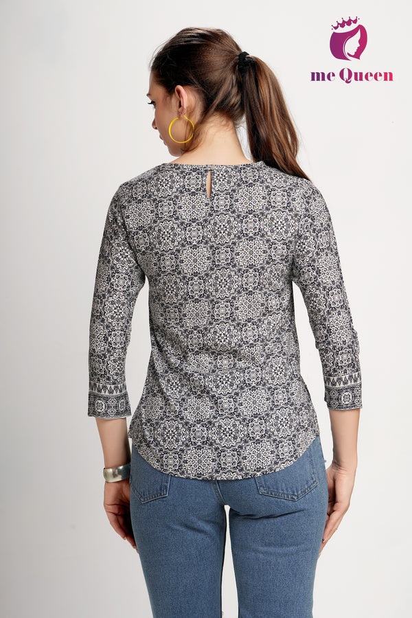 MeQueen Women's Black & White Printed Top with Lace Pattern