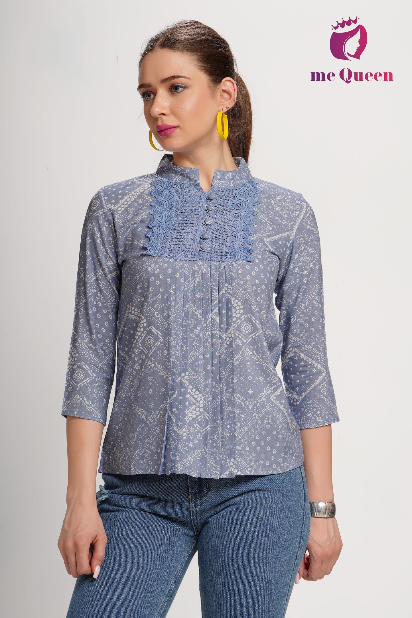 MeQueen Party wear Printed Women Light Blue Top