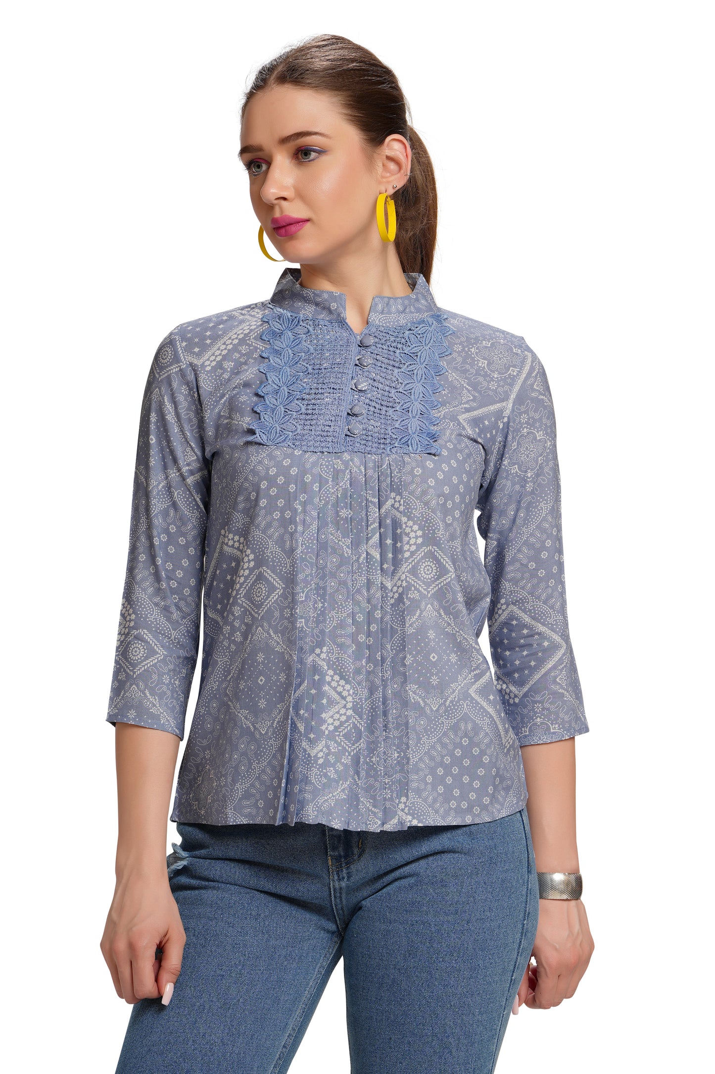 MeQueen Party wear Printed Women Light Blue Top