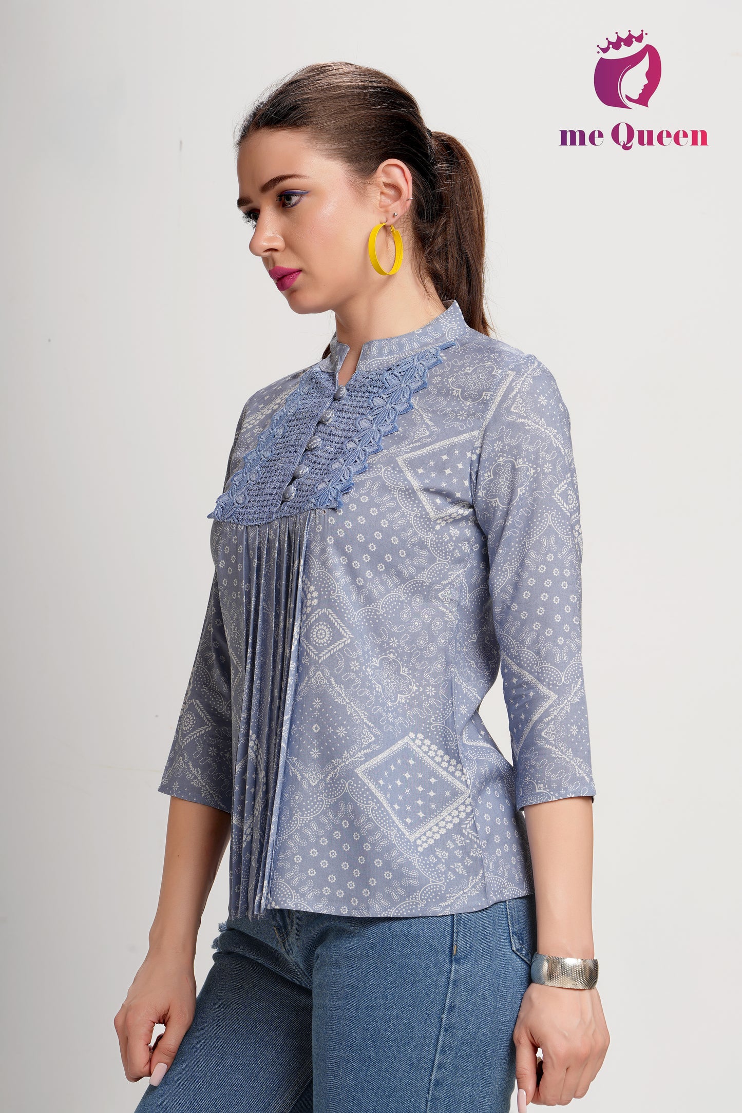 MeQueen Party wear Printed Women Light Blue Top