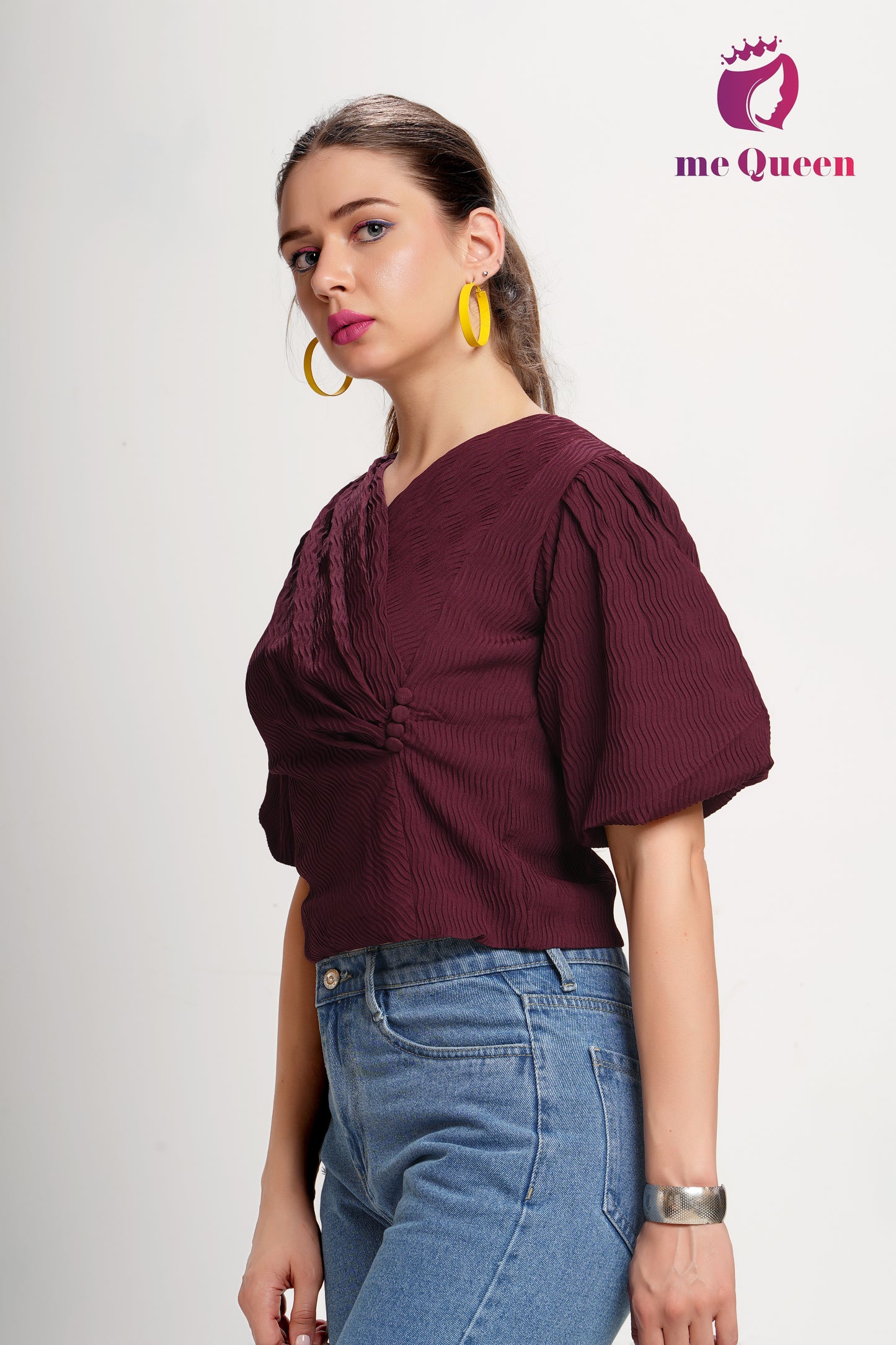 MeQueen's Women's Stylish Pattern Maroon Top with Puff Sleeves