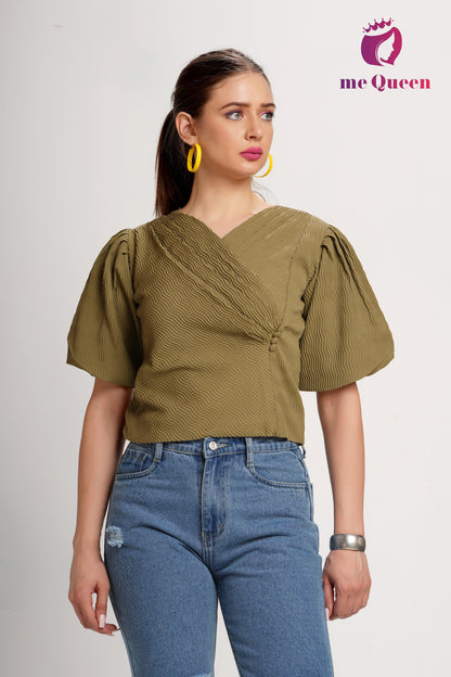 MeQueen's Women's Stylish Pattern Dark Olive Brown Top with Puff Sleeves