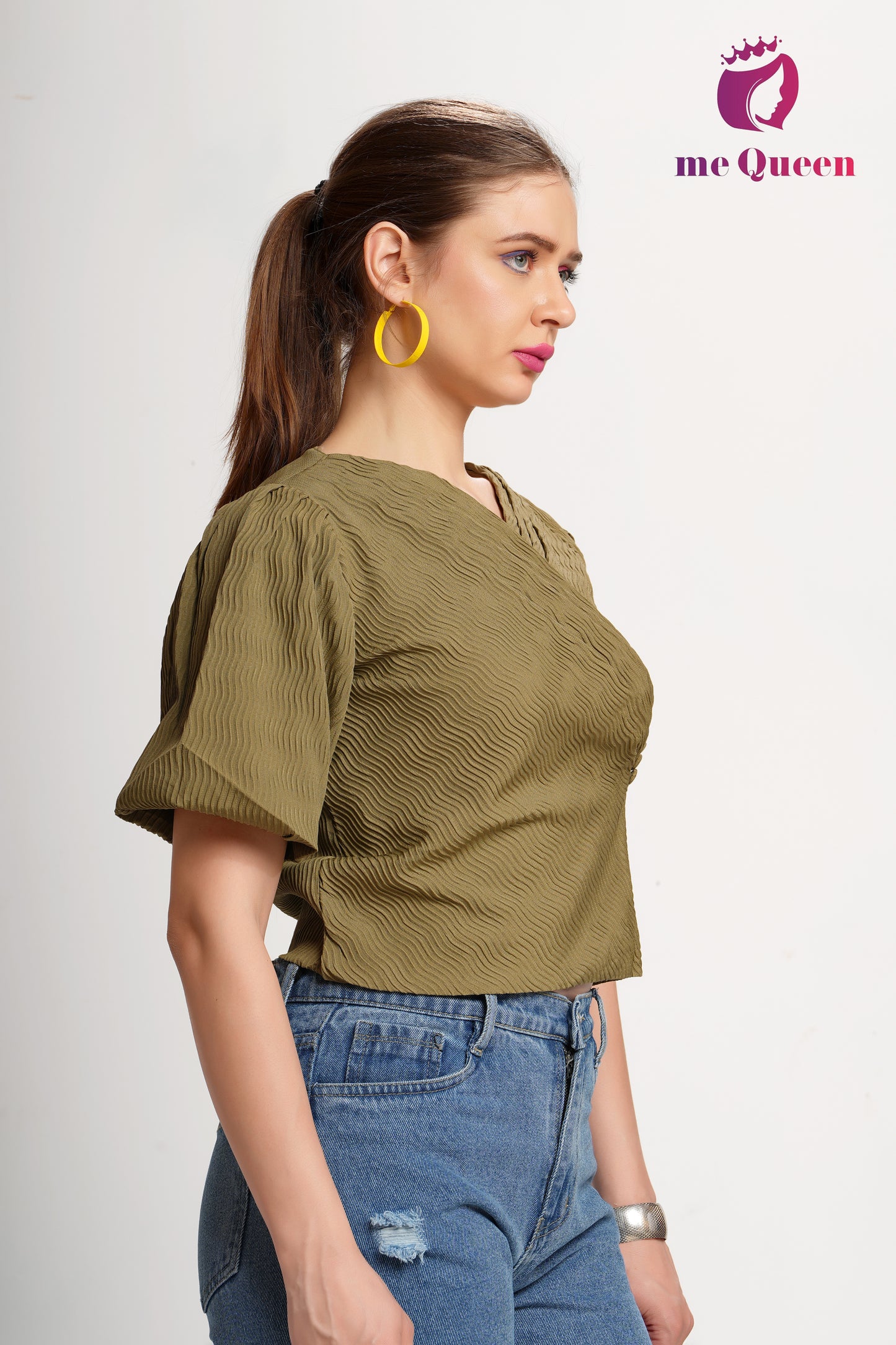 MeQueen's Women's Stylish Pattern Dark Olive Brown Top with Puff Sleeves