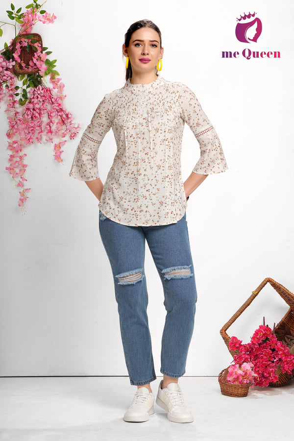 MeQueen Women's White Top with Red and Golden Small Flower Print